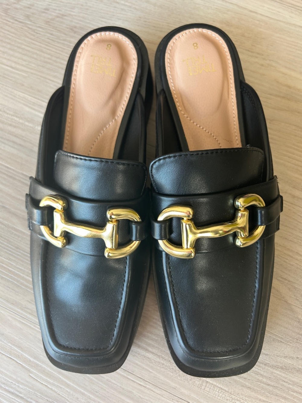 Vegan Leather Slip-On Mules  8 Black NWOT Loafers Gold Buckle Horse Bit Classic